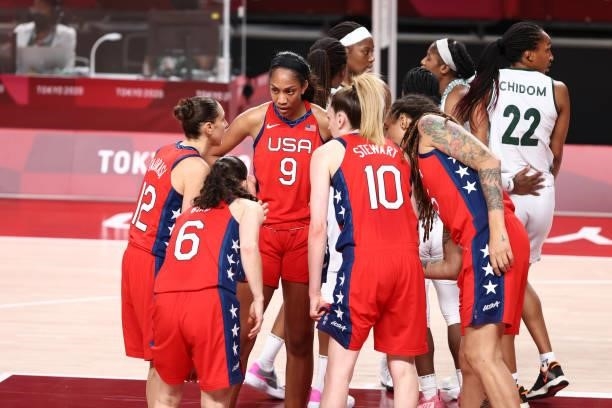 The USA Basketball Womens National Team huddle up during the game against the Nigeria Women's National Team during the 2020 Tokyo Olympics at the...