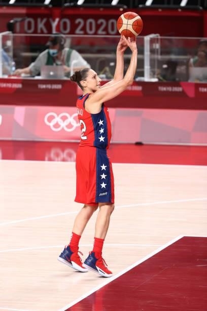 Diana Taurasi of the USA Basketball Womens National Team shoots the ball against the Nigeria Women's National Team during the 2020 Tokyo Olympics at...