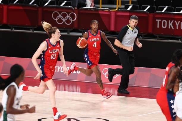 Jewell Loyd of the USA Basketball Womens National Team dribbles the ball against the Nigeria Women's National Team during the 2020 Tokyo Olympics at...