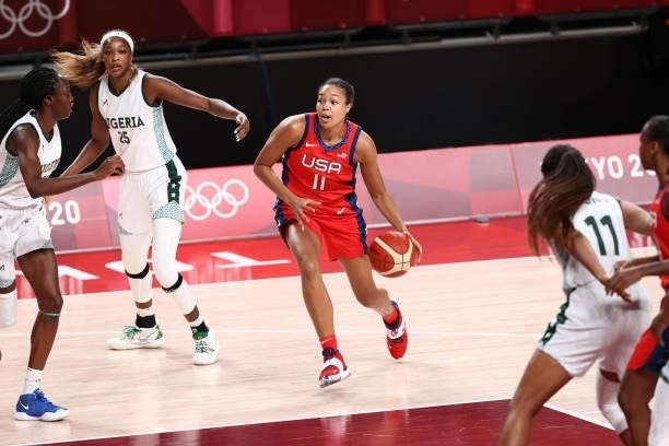 Napheesa Collier of the USA Basketball Womens National Team drives to the basket against the Nigeria Women's National Team during the 2020 Tokyo...