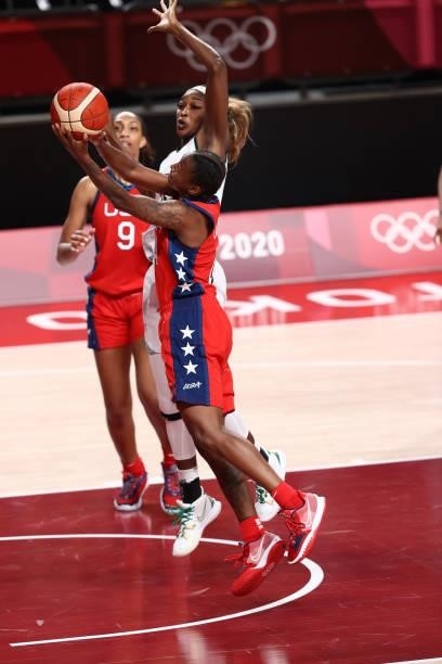 Jewell Loyd of the USA Basketball Womens National Team drives to the basket against the Nigeria Women's National Team during the 2020 Tokyo Olympics...