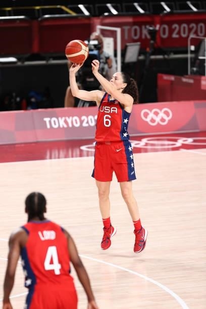 Sue Bird of the USA Basketball Womens National Team shoots the ball against the Nigeria Women's National Team during the 2020 Tokyo Olympics at the...