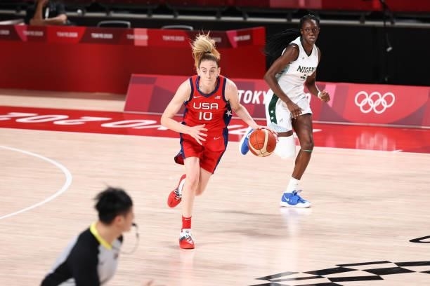 Breanna Stewart of the USA Basketball Womens National Team dribbles the ball against the Nigeria Women's National Team during the 2020 Tokyo Olympics...