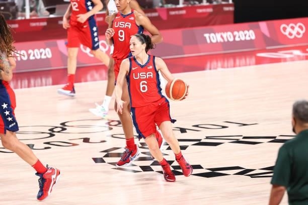 Sue Bird of the USA Basketball Womens National Team dribbles the ball against the Nigeria Women's National Team during the 2020 Tokyo Olympics at the...