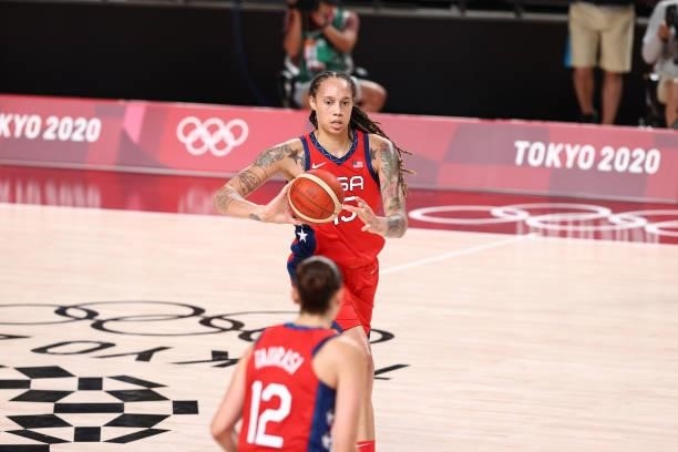 Brittney Griner of the USA Basketball Womens National Team passes the ball during the game against the Nigeria Women's National Team during the 2020...