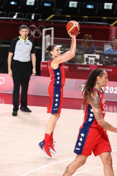 Diana Taurasi of the USA Basketball Womens National Team shoots the ball against the Nigeria Women's National Team during the 2020 Tokyo Olympics at...