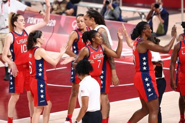 The USA Basketball Womens National Team high fives after the game against the Nigeria Women's National Team during the 2020 Tokyo Olympics at the...
