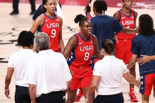 Chelsea Gray of the USA Basketball Womens National Team high fives during the game against the Nigeria Women's National Team during the 2020 Tokyo...