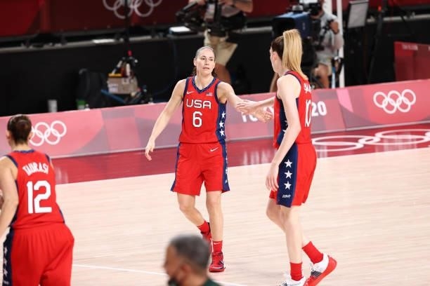 Sue Bird of the USA Basketball Womens National Team high fives Breanna Stewart during the game against the Nigeria Women's National Team during the...