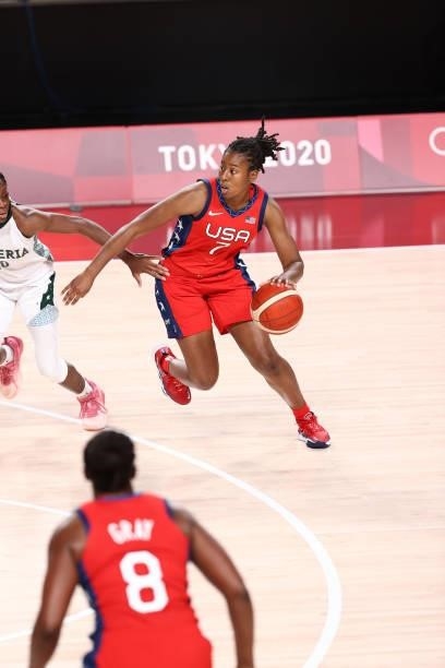 Ariel Atkins of the USA Basketball Womens National Team dribbles the ball against the Nigeria Women's National Team during the 2020 Tokyo Olympics at...