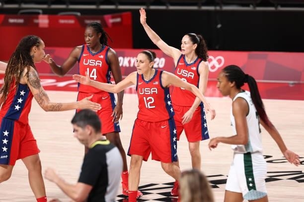 Diana Taurasi of the USA Basketball Womens National Team high fives teammates during the game against the Nigeria Women's National Team during the...