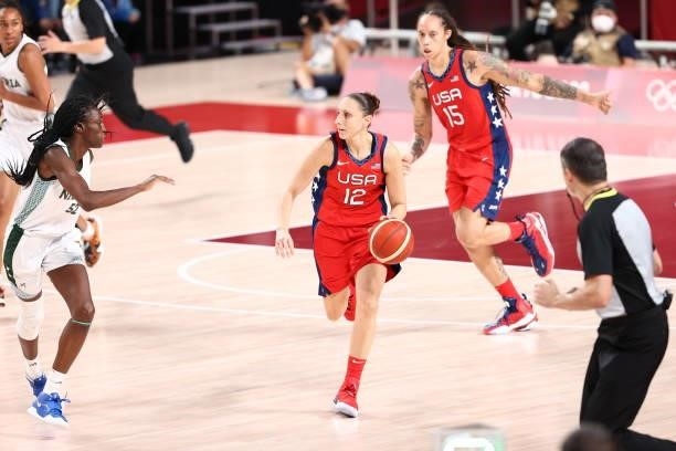 Diana Taurasi of the USA Basketball Womens National Team dribbles the ball against the Nigeria Women's National Team during the 2020 Tokyo Olympics...