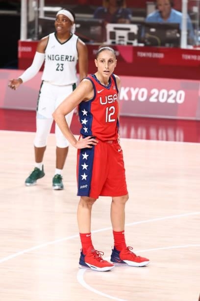 Diana Taurasi of the USA Basketball Womens National Team looks on during the game against the Nigeria Women's National Team during the 2020 Tokyo...