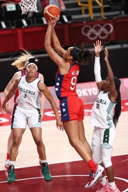 Ja Wilson of the USA Basketball Womens National Team drives to the basket against the Nigeria Women's National Team during the 2020 Tokyo Olympics at...