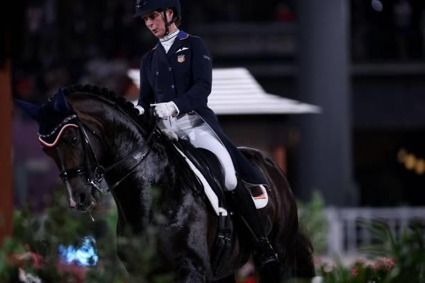 Sabine Schut-Kery of he US rides Sanceo in the dressage grand prix special team competition during the Tokyo 2020 Olympic Games at the Equestrian...