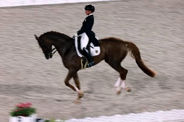 Germany's Isabell Werth rides Bella Rose 2 in the dressage grand prix special team competition during the Tokyo 2020 Olympic Games at the Equestrian...