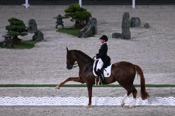 Germany's Isabell Werth rides Bella Rose 2 in the dressage grand prix special team competition during the Tokyo 2020 Olympic Games at the Equestrian...