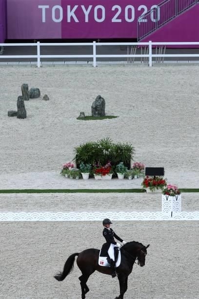 Denmark's Nanna Skodborg Merrald rides Zack in the dressage grand prix special team competition during the Tokyo 2020 Olympic Games at the Equestrian...