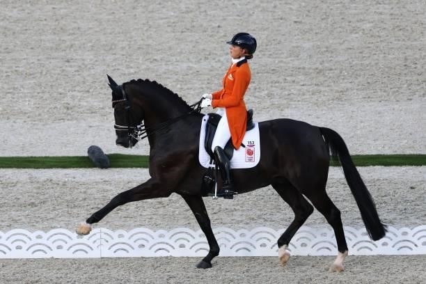 Netherlands' Marlies van Baalen rides Go Legend in the dressage grand prix special team competition during the Tokyo 2020 Olympic Games at the...