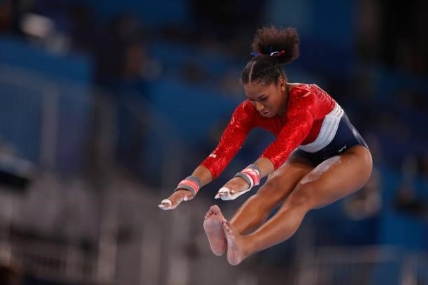 Jordan Chiles of Team United States competes in the uneven bars during the Women's Team Final on day four of the Tokyo 2020 Olympic Games at Ariake...