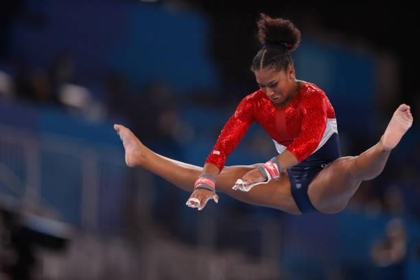 Jordan Chiles of Team United States competes in the uneven bars during the Women's Team Final on day four of the Tokyo 2020 Olympic Games at Ariake...