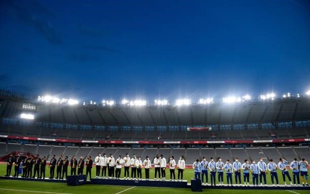 Tokyo , Japan - 28 July 2021; The Men's Rugby Sevens podium, from left, second placed New Zealand, winners Fiji and third placed Argentina at the...