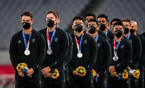 Tokyo , Japan - 28 July 2021; New Zealand players with their silver medals following the Men's Rugby Sevens gold medal match between Fiji and New...