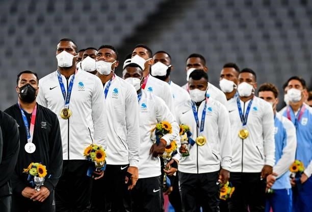 Tokyo , Japan - 28 July 2021; The Fiji team following their victory in the Men's Rugby Sevens gold medal match between Fiji and New Zealand at the...