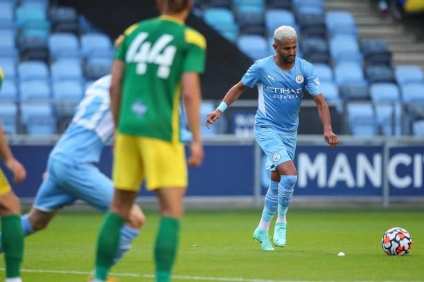 Riyad Mahrez of Manchester City scores a goal to make it 1-0 during the Pre Season Friendly between Manchester City and Preston North End at...