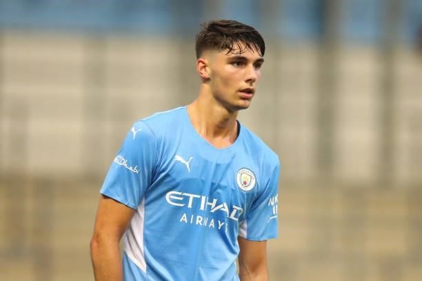 Finlay Burns of Manchester City during the Pre Season Friendly between Manchester City and Preston North End at Manchester City Football Academy on...