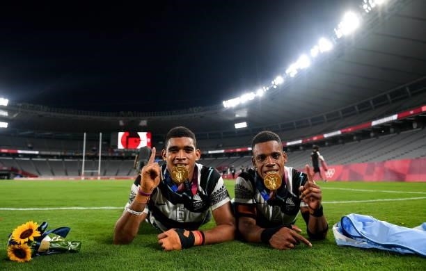 Tokyo , Japan - 28 July 2021; Meli Derenalagi, left, and Bolaca Napolioni of Fiji with their gold medals following victory in the Men's Rugby Sevens...