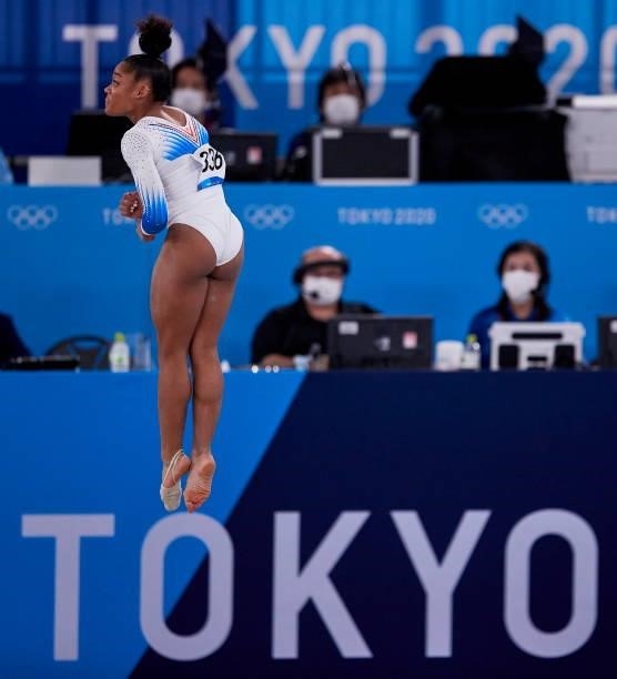 Melanie de Jesus of France compete during the women's floor exercise team final during Artistic Gymnastics on day four of the Tokyo 2020 Olympic...