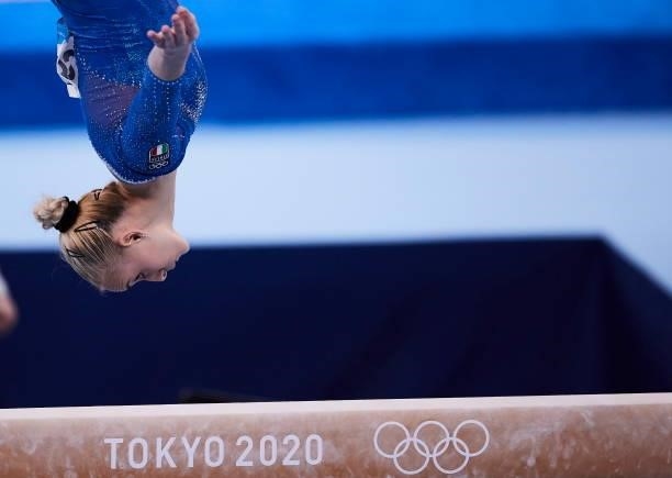 Angela Melnikova of Russian Olympic Commite compete during the women's team final on the balance beam during Artistic Gymnastics on day four of the...