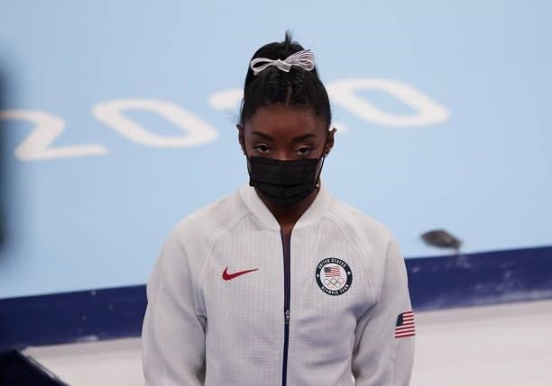 Simnon Biles of USA injured during the women's team final during Artistic Gymnastics on day four of the Tokyo 2020 Olympic Games at Ariake Gymnastics...