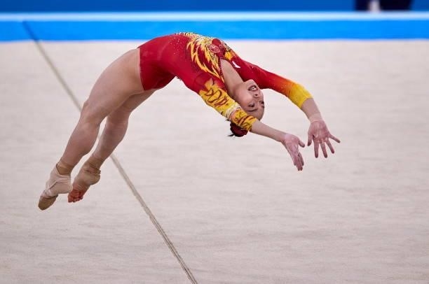 Xijing Tang of China compete during the women's floor exercise team final during Artistic Gymnastics on day four of the Tokyo 2020 Olympic Games at...