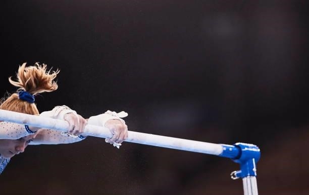 Viktoriia Listunova of Russian Olympic Commite compete during the women's team final on the uneven bars during Artistic Gymnastics on day four of the...