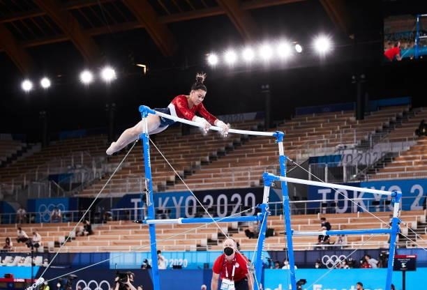 Sunisa Lee of USA compete during the women's team final on the uneven bars during Artistic Gymnastics on day four of the Tokyo 2020 Olympic Games at...