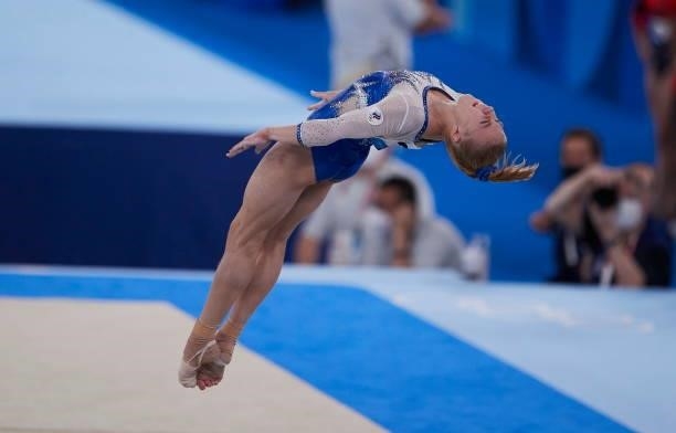 Viktoria Listunova of Russian Olympic Commite compete during the women's floor exercise team final during Artistic Gymnastics on day four of the...