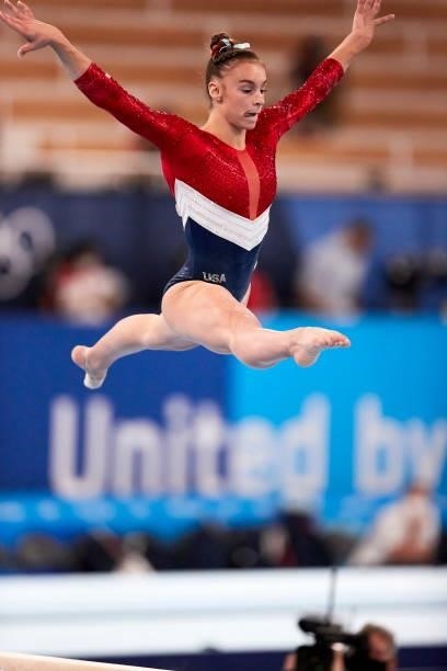 Grace MC Callum of USA compete during the women's team final on the balance beam during Artistic Gymnastics on day four of the Tokyo 2020 Olympic...