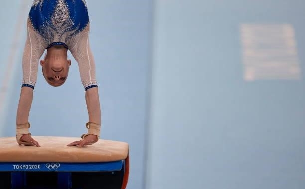 Liliia Akhaimova of Russian Olympic Commite compete during the women's team final on the jumping table during Artistic Gymnastics on day four of the...