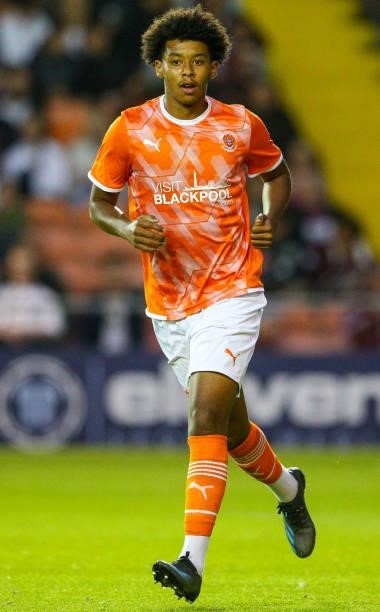 Blackpool's Tayt Trusty during the Pre-Season Friendly match between Blackpool and Burnley at Bloomfield Road on July 27, 2021 in Blackpool, England.