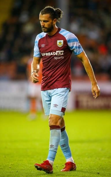 Burnley's Jay Rodriguez during the Pre-Season Friendly match between Blackpool and Burnley at Bloomfield Road on July 27, 2021 in Blackpool, England.