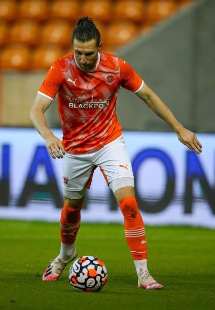 Blackpool's James Husband during the Pre-Season Friendly match between Blackpool and Burnley at Bloomfield Road on July 27, 2021 in Blackpool,...