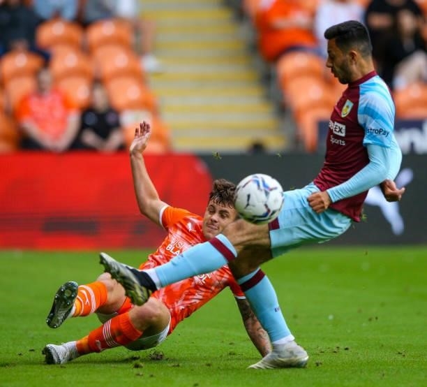 Blackpool's trialist battles with Burnley's Dwight McNeil during the Pre-Season Friendly match between Blackpool and Burnley at Bloomfield Road on...