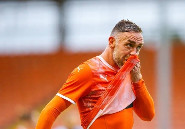 Blackpool's Richard Keogh during the Pre-Season Friendly match between Blackpool and Burnley at Bloomfield Road on July 27, 2021 in Blackpool,...