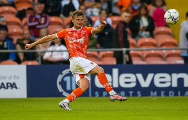 Blackpool's Callum Connolly crosses during the Pre-Season Friendly match between Blackpool and Burnley at Bloomfield Road on July 27, 2021 in...