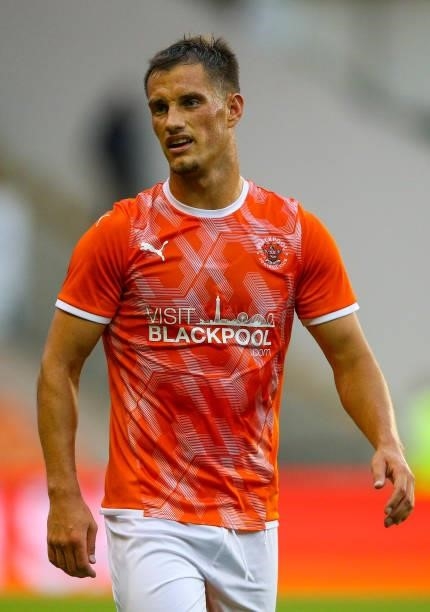 Blackpool's Jerry Yates during the Pre-Season Friendly match between Blackpool and Burnley at Bloomfield Road on July 27, 2021 in Blackpool, England.