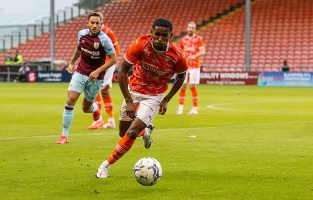 Blackpool's Demi Mitchell in action during the Pre-Season Friendly match between Blackpool and Burnley at Bloomfield Road on July 27, 2021 in...