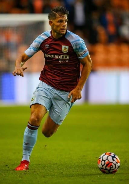 Burnley's James Tarkowski during the Pre-Season Friendly match between Blackpool and Burnley at Bloomfield Road on July 27, 2021 in Blackpool,...