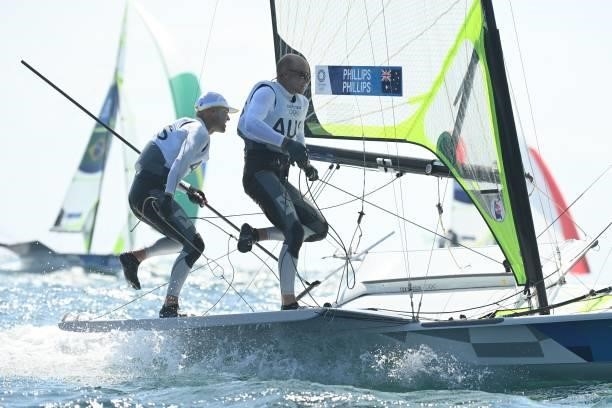Australia's Sam Phillips and William Phillips compete in the men's skiff 49er race during the Tokyo 2020 Olympic Games sailing competition at the...
